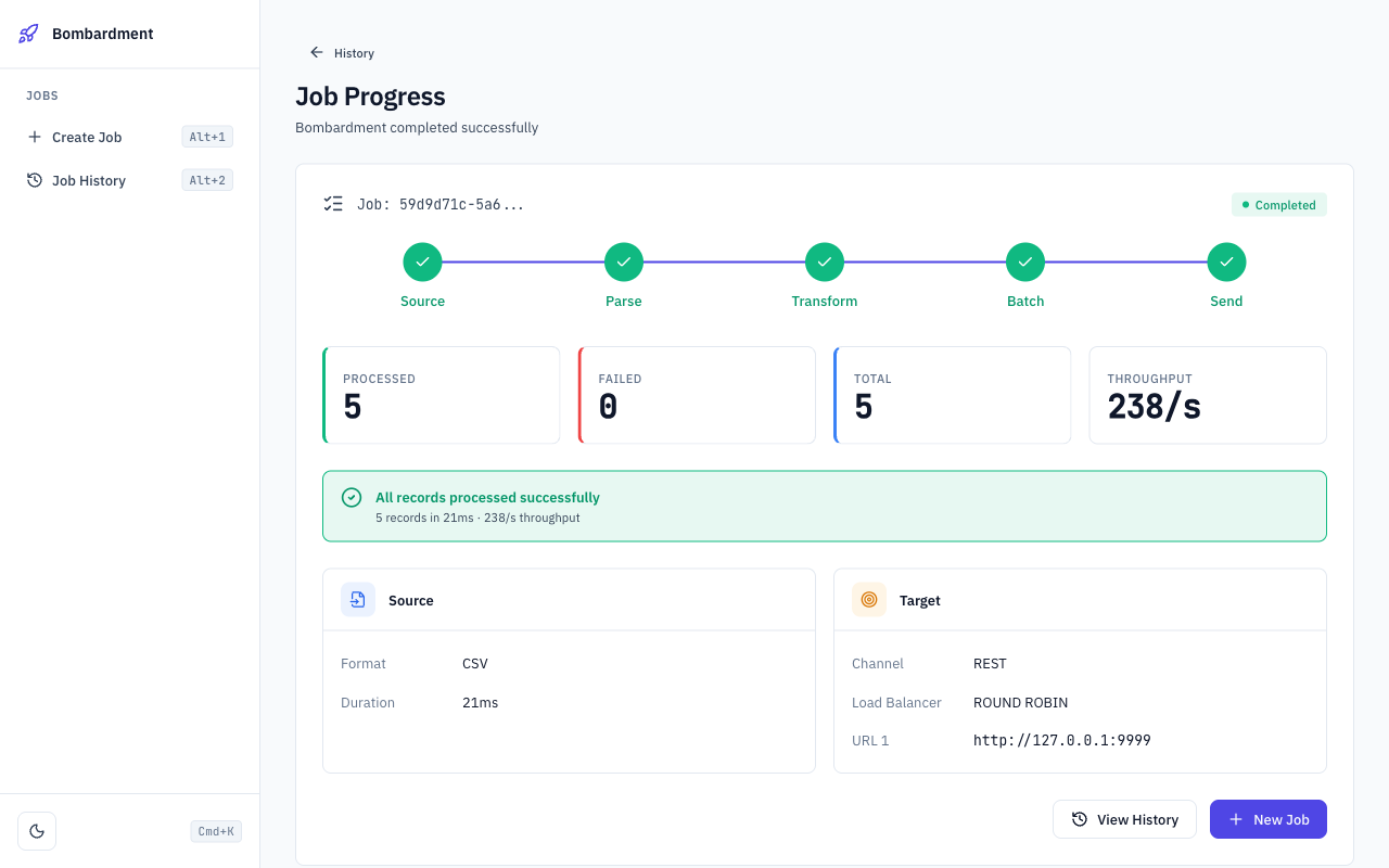 Bombardment web UI: real-time job progress and throughput metrics