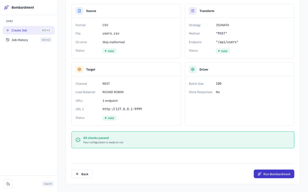 Bombardment web UI: review all configuration before running