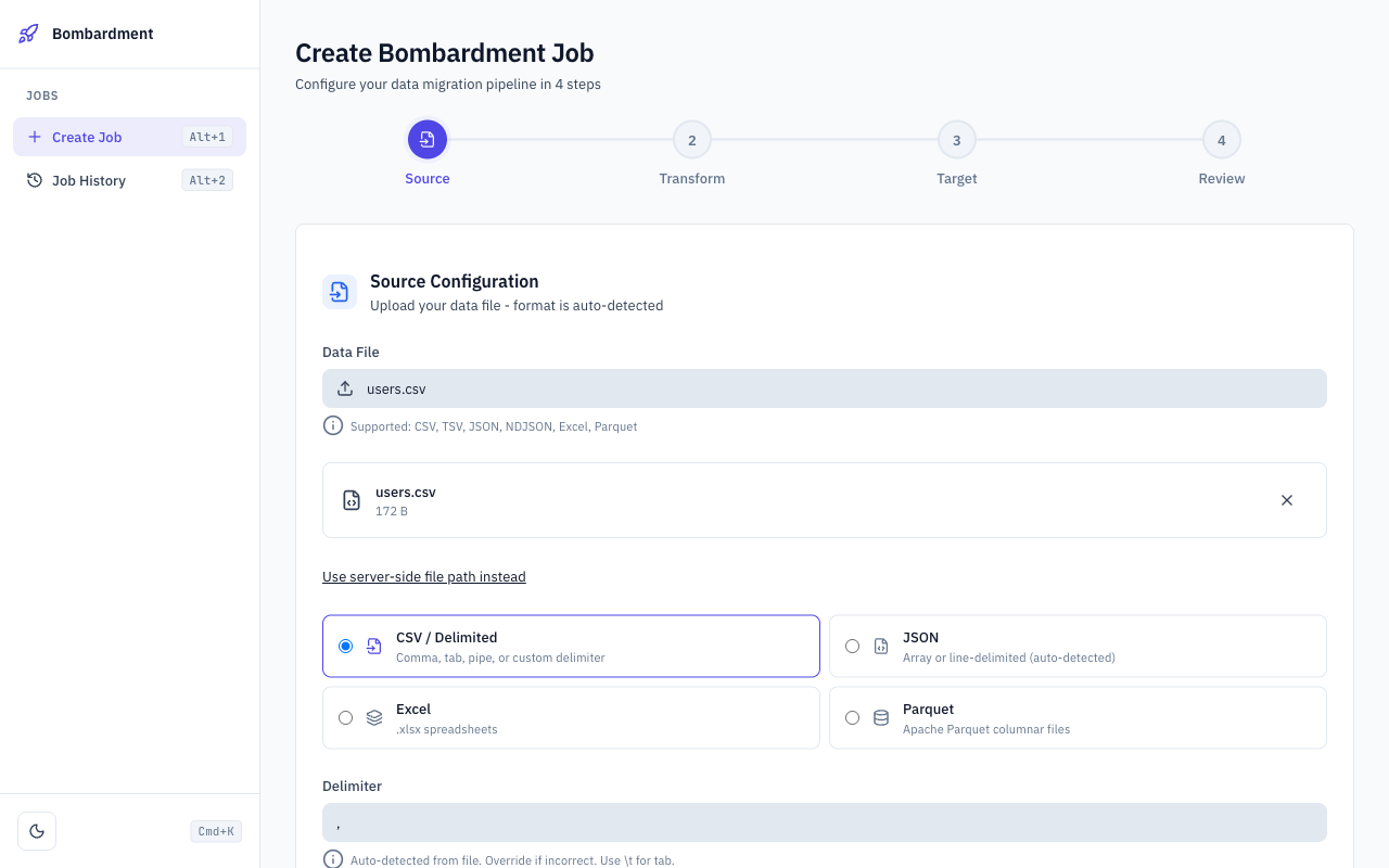 Bombardment web UI: configure CSV source for bulk API migration