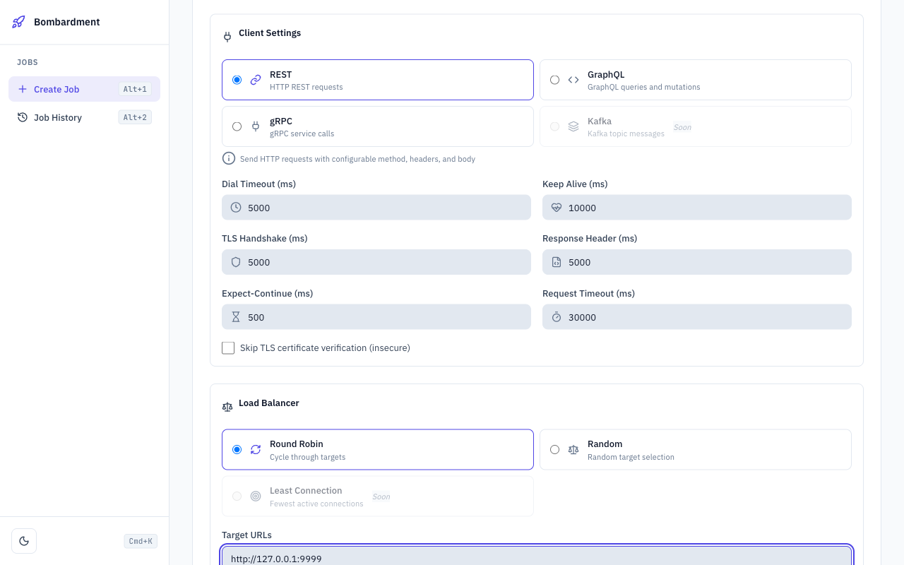 Bombardment web UI: configure load balancing and target endpoints