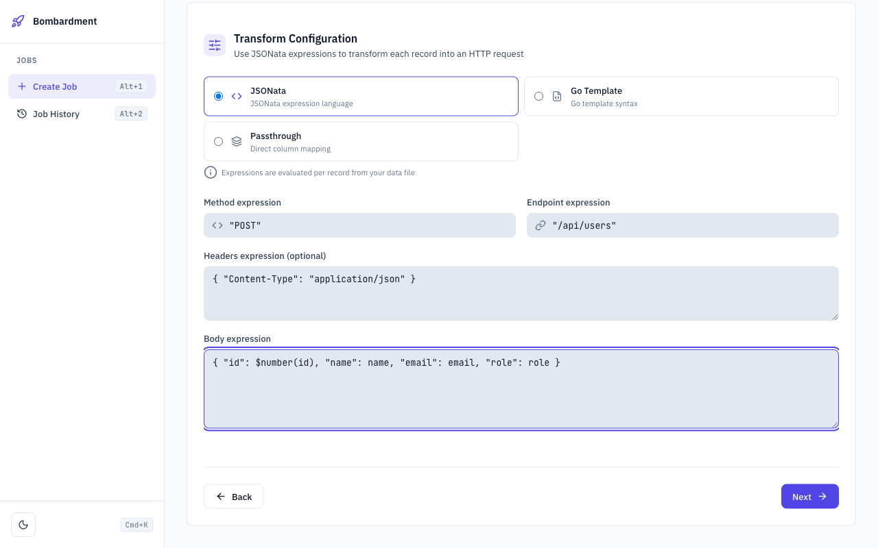 Bombardment web UI: define JSONata transform expressions